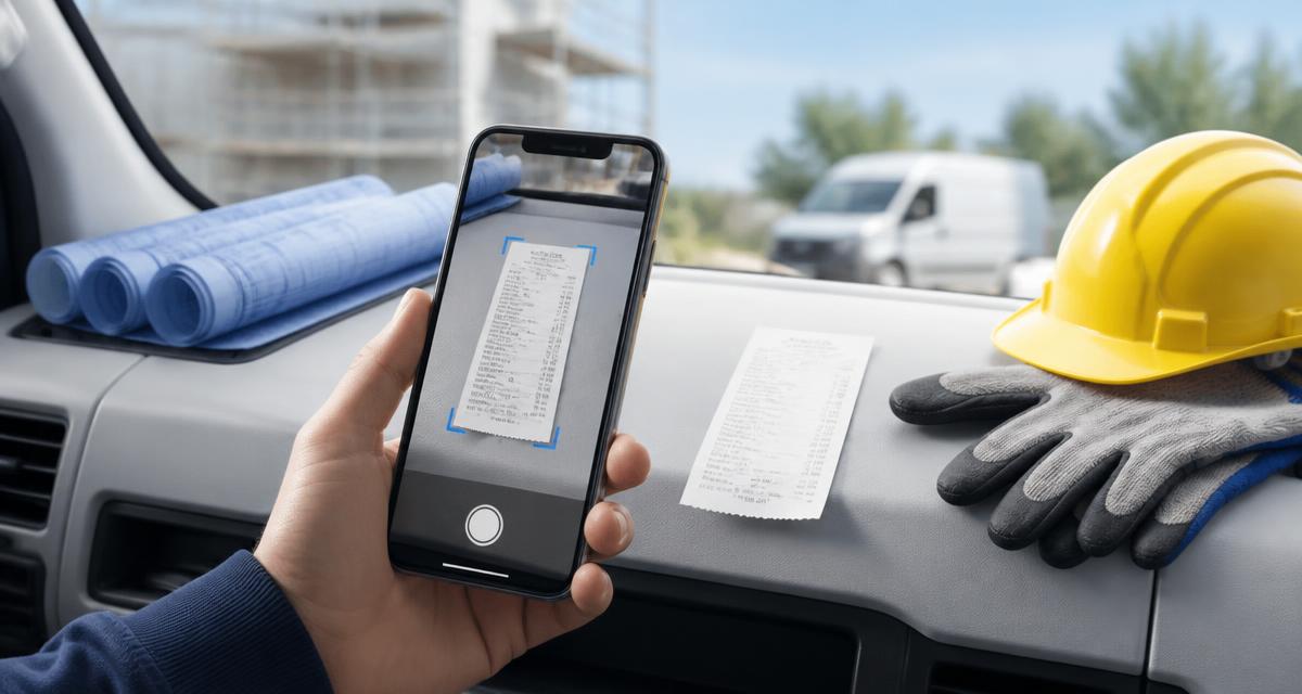 Construction tradesperson scanning a material receipt with the ScanCompta app inside their van