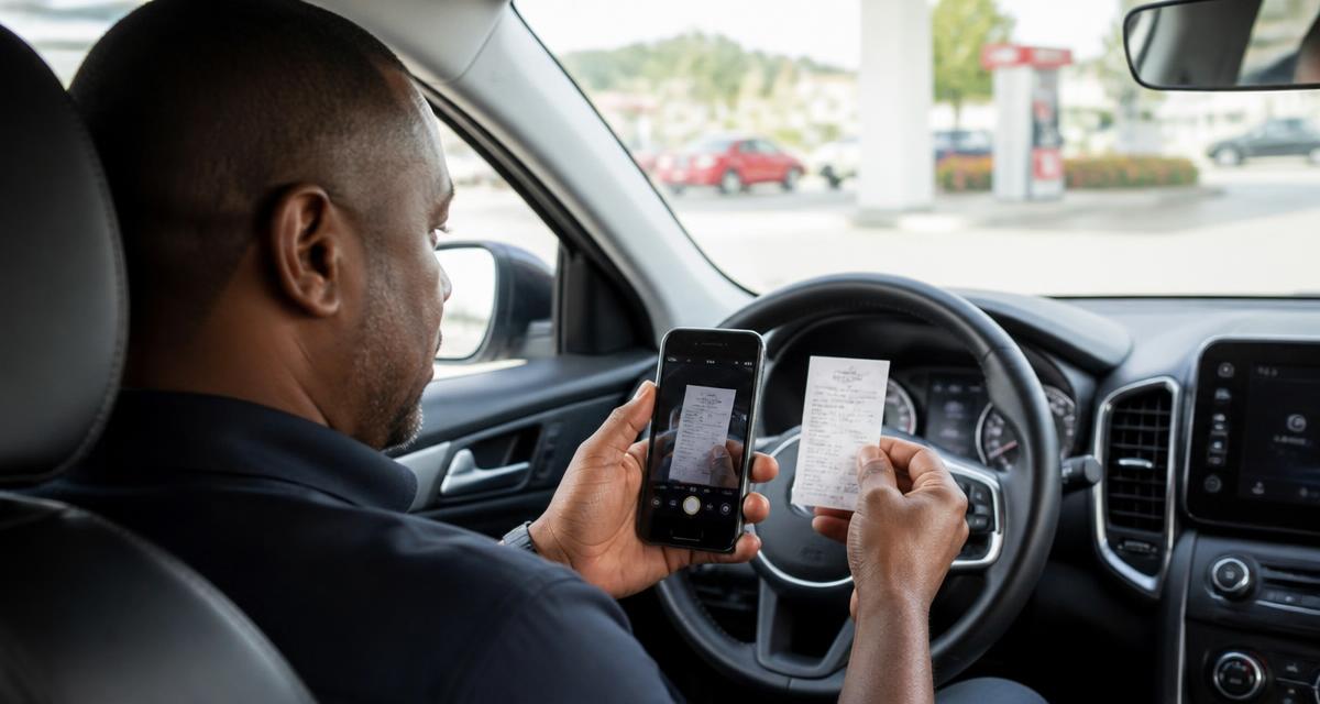 Chauffeur VTC utilisant l'application ScanCompta pour numériser un reçu d'essence