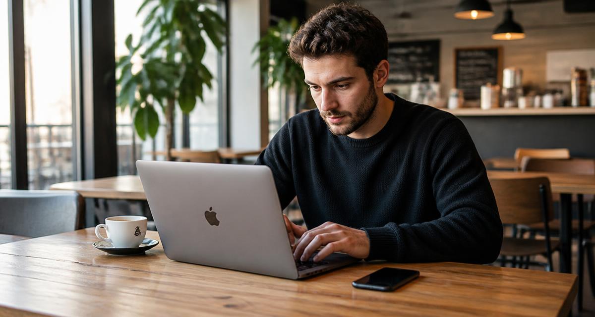 Développeur freelance dans un café gérant sa comptabilité sur l'application ScanCompta